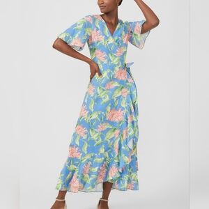 J. McLaughlin Audette Wrap Maxi Dress Sz M Peony Bloom Linen Blend Beach Resort